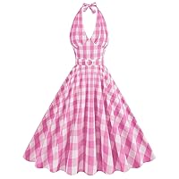 IMEKIS Women Vintage 1950s Pink Gingham Dress Retro Rockabilly Pinup Dresses 50s Costume Halloween Cosplay Party