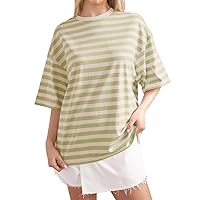 Women Oversized Striped Color Block Short Sleeve Crew Neck T-Shirts Casual Loose Pullover Top Summer Shirt for Women