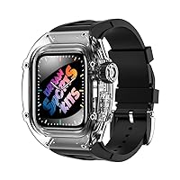 Transparent Bezel Metal Case for Apple Watch 44MM 45MM Fluorine Rubber Strap for Iwatch Series 8 7 6 54 Se Urban Sports Mod Kits (Color : Black, Size : 45mm for 8/7)