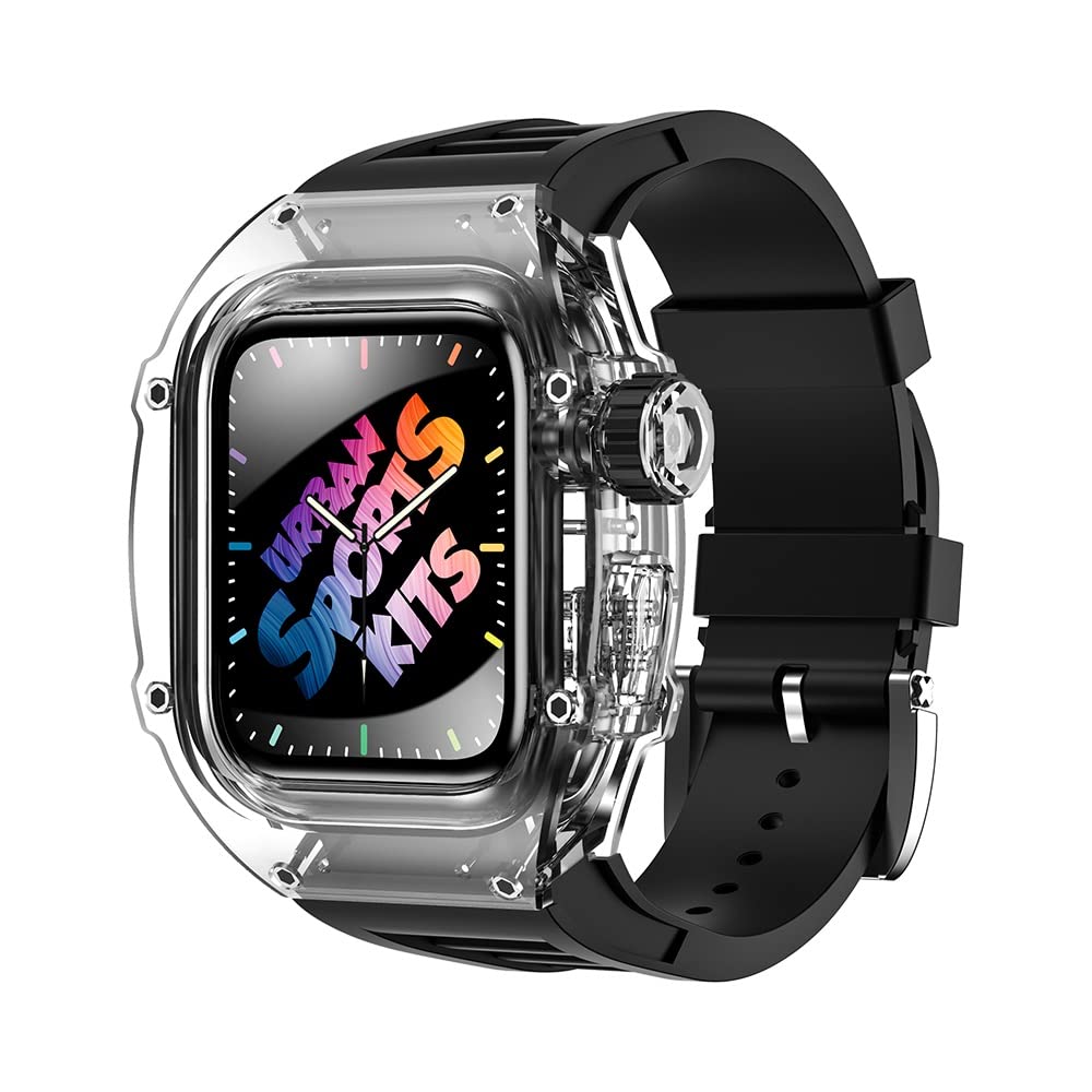 CNHKAU Transparent Bezel Metal Case for Apple Watch 44MM 45MM Fluorine Rubber Strap for Iwatch Series 8 7 6 54 Se Urban Sports Mod Kits (Color : Black, Size : 45mm for 8/7)