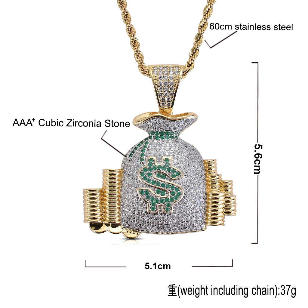 KMASAL Jewelry Men Hip Hop Money Bag CZ Cluster Pendant Iced Out Bling Cubic Zircon 18K Gold Plated Diamond Necklace with Stainless Rope Chain