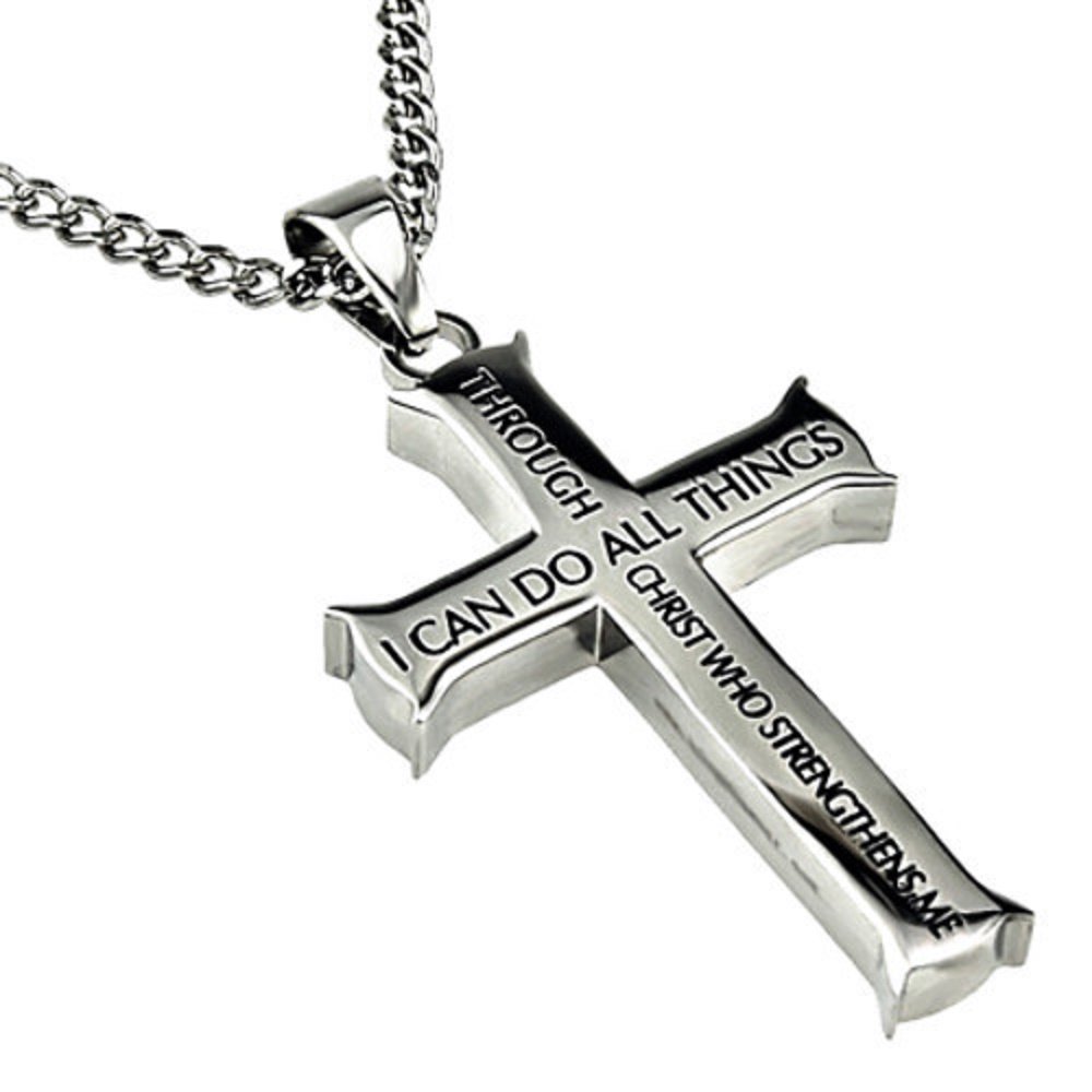 North Arrow Shop Philippians 4:13 Jewelry, Cross Necklace Strength Bible Verse, Stainless Steel with Ball Chain (20