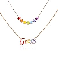 GUESS Goldtone Rainbow Glass Stones Logo Layered Necklace