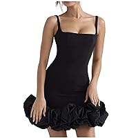 Little Black Dress for Women 2024 Summer Spaghetti Strap Ruffle Bodycon Mini Dress Square Neck Sexy Graduation Dress