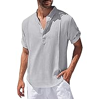 Cotton Linen Shirts for Men, Men's Cuban Guayabera Shirts Short Sleeve Casual Button Down Shirt Fashion Summer Beach Shirt