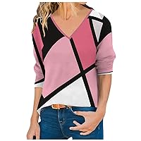 Women Classic Irregular Striped Geometric Print Everyday V Neck Sweater Top Pullover Fleece Long Sleeve Blouses