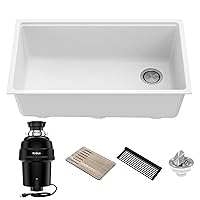KGUW1-33WH-100-100, Bellucci Workstation 32 in. Undermount Granite Composite Single Bowl Kitchen Sink in White with WasteGuard 1 HP Continuous Feed Garbage Disposal and Accessories