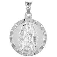 Sterling Silver St Guadalupe & Sacred Heart of Jesus Necklace Double sided Medal 3/4 inch Round Diamond Cut 18-30 inch chain