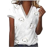 Floral Loose Fit Long Shirts for Women Summer Fall Short Sleeve Lace Vneck Neck Tops Shirt Blouse Women 2024