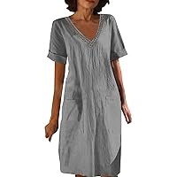 Womens Summer Short Sleeve V Neck Lace Trim Midi Dress 2024 Fashion Casual Fit Flowy Vacation Boho Beach Sundress with Pocket
