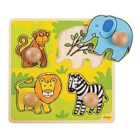 Bigjigs Toys Wooden Peg Puzzle Safari - Quality Peg Puzzle for 1 Year Old, Fine Motor Skills Toys for Babies & Toddlers, First Animal Jigsaw Puzzle