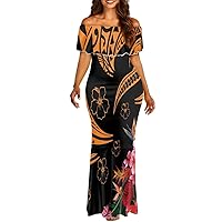 GLUDEAR Women's Plus Size Polynesian Tribal Print Off Shoulder Bodycon Mermaid Maxi Dress S-7XL