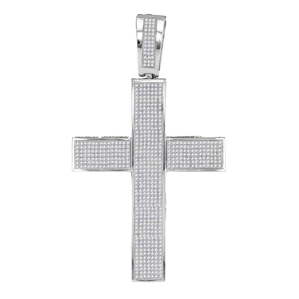The Diamond Deal 10kt White Gold Mens Round Diamond Roman Cross Religious Charm Pendant 1-3/4 Cttw