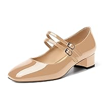 Womens Patent Mary Jane Cute Adjustable Strap Dating Slip On Square Toe Chunky Low Heel Pumps Shoes 1.5 Inch