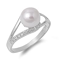 Sterling Silver Cz Simulated Pearl Ring (Size 5-9)