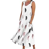 Sun Dresses for Women 2024 Midi Linen Summer Dresses for Women, Casual Sleeveless Tank Dress 2024 Fashion Print Sundresses Loose Fit Pocket Dresses Vestidos para Mujer Casuales