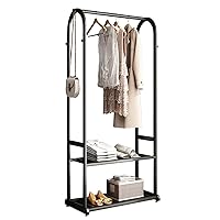 heavy duty clothes rack,black clothing racks for hanging clothes,modern metal garment rack with bottom double shelves and side 6 hooks for bedroom,cloakroom,living room(black, L:23.6IN)