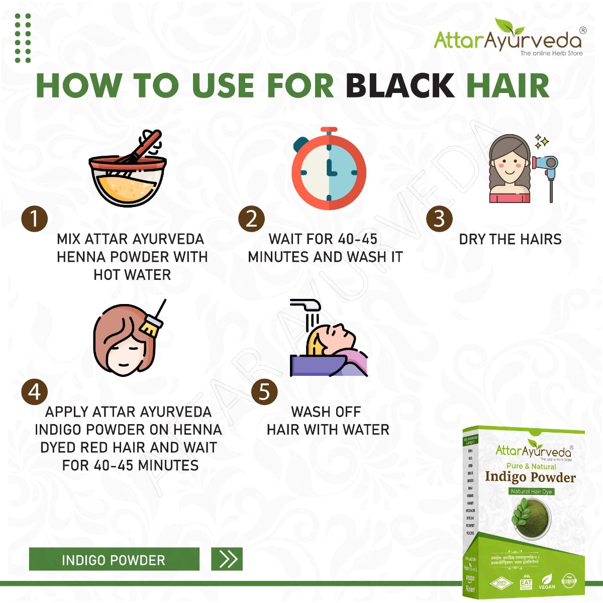 Attar Ayurveda Indigo Powder for Black Hair Damage Repair, Nourishing, Deep Hydration, Ammonia Free, Sulphate Free, Synthetic Color-Free 7 Ounce