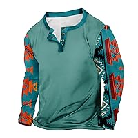 Mens 3 Button Henley Shirts Loose V-Neck Shirt Classic Long Sleeve Tee Shirts with Western Aztec Ethnic Print Tops