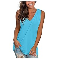 Womens Tank Tops Summer Shirts, Sleeveless Casual Loose Tunic Blouses, Solid Deep V Neck Tee Shirts with Pocket