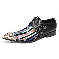 Mens Loafers Party Dress Casual Metal-Tip Toe Double Buckle Slip On Leather Rainbow Loafers Handmade Western Cowboy Fashion Ballroom Tuxedo Prom for Men