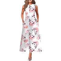 Women A Line Dress Maxi Long Dress Sleeveless Print Pocket Print Spring Summer Round Neck Stylish V Neck Maxi