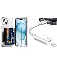 for iPhone 15 Plus Case 14 Plus Wallet Clear Flip Cover + USB C to Lightning Adapter for iPhone 15 Pro Max Plus 3-in-1 MFI Certified Type C to Lightning Adapter USBC Headphone Charger Adapter