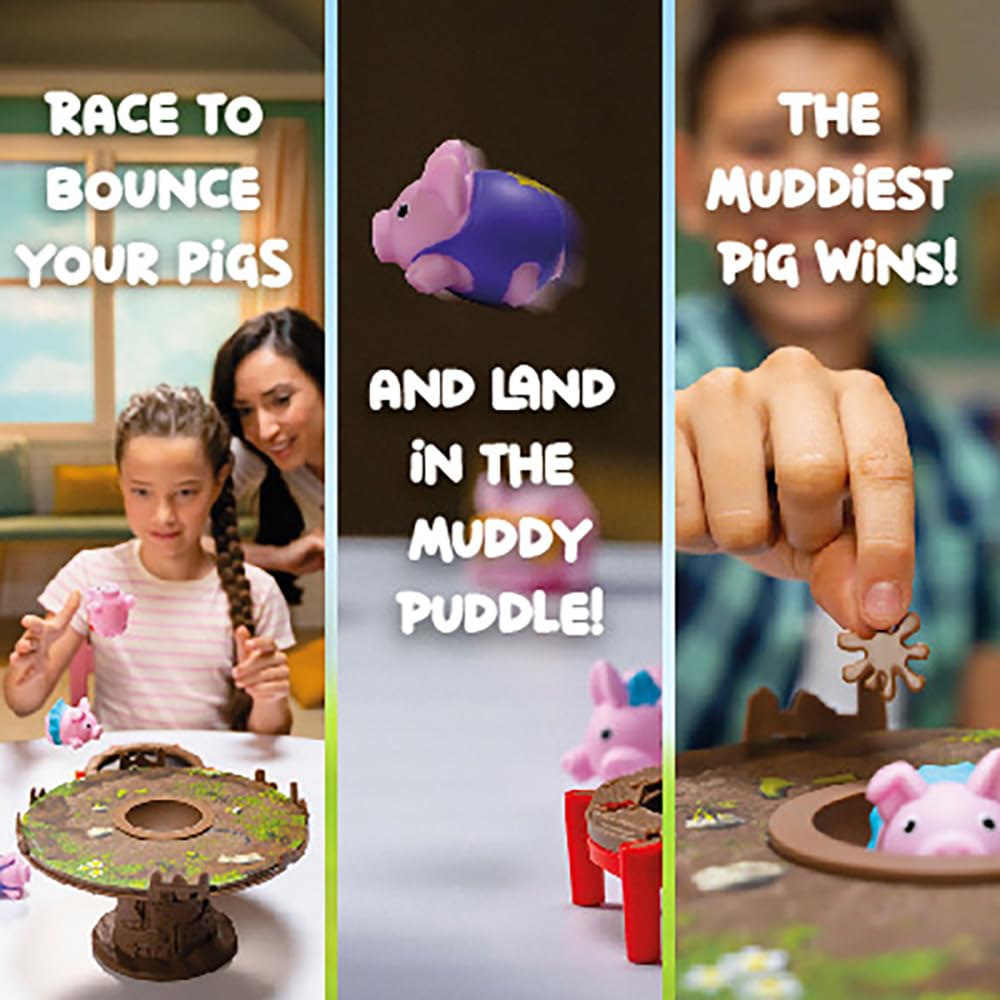 Pigs on Trampolines - Family Game - Skill & Action - Bounce Pigs into Mud - 2 to 3 Players - for Ages 6+