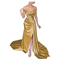 Fashion Mermaid Long Evening Dresses Fascinating V Neck Sleeveless Satin Summer Tie Waist Dress Gold 6