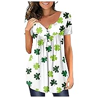Crop St Patricks Tops,Women's Henley Neck Shamrock Print Casual Top Short Sleeve Live Button T-Shirt