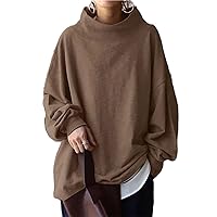 Andongnywell Women Solid color Sweatshirts high collar Long Sleeve Shirts Casual Loose Pullover Tunic Tops