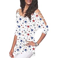 Women's 4th of July Patriotic American Flag Hollowed Out Shoulder 3 4 Sleeve Blouse