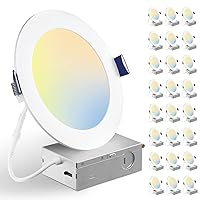 BBOUNDER 24 Pack 6 Inch 5CCT Ultra-Thin LED Recessed Ceiling Light with Junction Box, 2700K/3000K/3500K/4000K/5000K Selectable, 12W Eqv 110W, Dimmable Canless Wafer Downlight, 1050LM - ETL&FCC