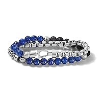 Mens Classic Double-Wrap Lapis, Black Lava and Stainless Steel Bead and Box-Chain Bracelet, Medium