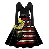 Women's 4Th of July Dress Casual Valentine's Day Print V-Neck Pullover High Waist Long Sleeve Dress, S-5XL