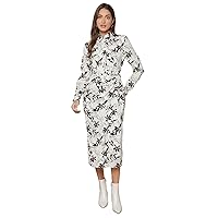 Fall Dresses for Women 2023 Floral Print Mock Neck Ruched Knot Front Midi Dress