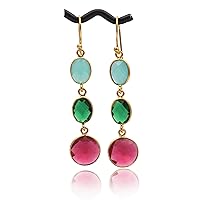 Designer Multi Gemstone Earring | Gold Plated Hook Dangle Drop Earrings | Handmade Bezel Set Pair | Fashion Jewelry Gift For Her 1759)1