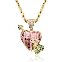 LC8 Jewelry Unisex Exquisite Bubble Arrow of Cupid Heart Pendant Hip Hop Iced Out Rhinestone Crystal Necklace 18K Gold Plated with 24” Stainless Rope Chain for Men Women