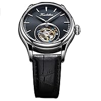 Mechanical Hand-Wind Wristwatch Skeleton Tourbillon Watch Men's Stainless Steel See-Through Back Sapphire Glass Genuine Leather Band Male Luminous Clock Waterproof