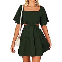 Women Summer Dresses 2023 Square Neck Short Sleeve Cutout Crossover Waist Casual Party Tiered A-Line Mini Dress