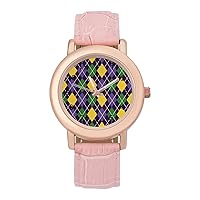 Green and Purple Mardi Gras Abstract Geometric Pattern Fashion Casual Watches for Women Cute Girls Watch Gift Nurses Teachers