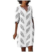 Summer Dresses for Women 2024,Casual Loose Retro V Neck Half Sleeve Floral Printed Knee Length Comfort Basic Dress