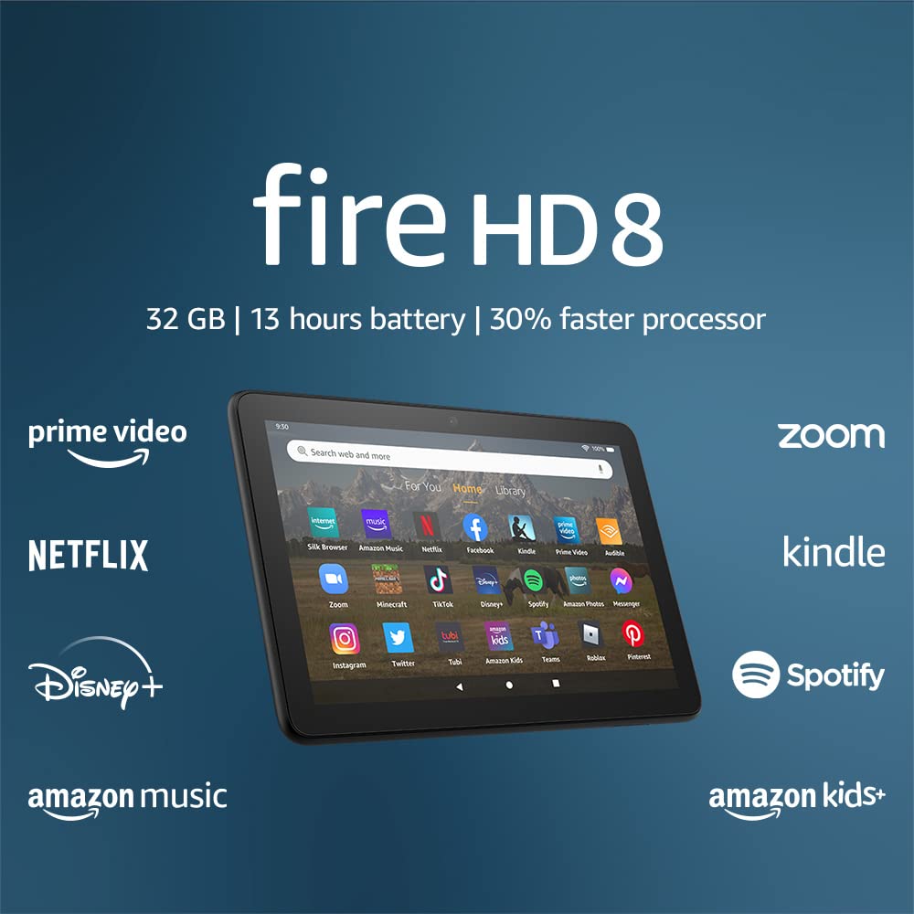 Amazon Fire HD 8 tablet, 8” HD Display, 32 GB, 30% faster processor, 2GB RAM, and Luna Controller, (2022 release), Black