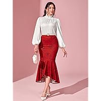 Mock Neck Lantern Sleeve Satin Top & Floral Ruffle Hem Skirt (Color : Red and White, Size : Small)