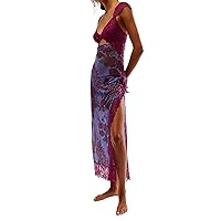 Women Sleeveless Maxi Dress Sexy Backless Bodycon Floral Printed Spaghetti Strap Long Dress Sheer Mesh Summer One-Piece