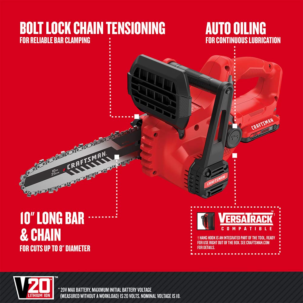 CRAFTSMAN V20 Mini Chainsaw, 10 inch, Battery and Charger Included (CMCCS610D1)