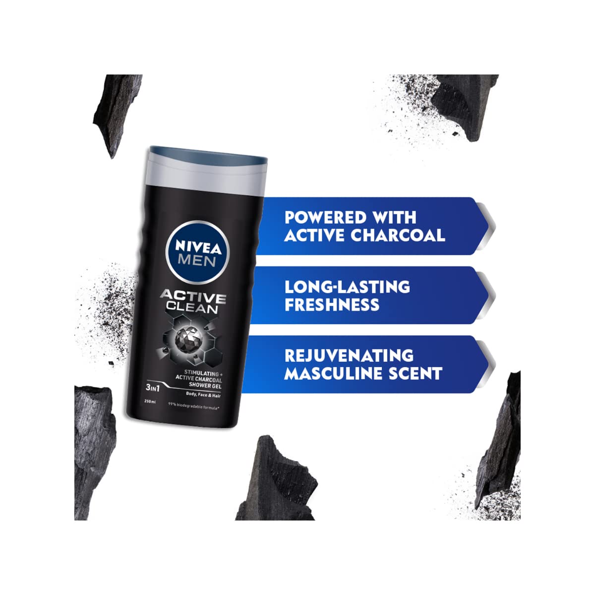 NIVEA MEN Hair, Face & Body Wash, Active Clean Shower Gel, 250ml