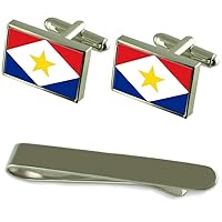 Saba Flag Silver Cufflinks Tie Clip Box Gift Set