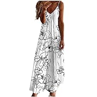 Women Summer Casual Bohemian Maxi Dress V-Neck Sleeveless Flowy Boho Sundresses Floral Beach Long Dress with Pockets