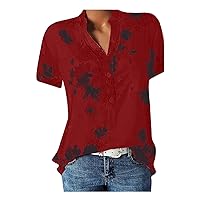 Womens Floral Tops Dressy Casual V Neck Henley Shirts Short Sleeve Blouses Boho Summer Tops with Pocket Trendy Linen T-Shirts
